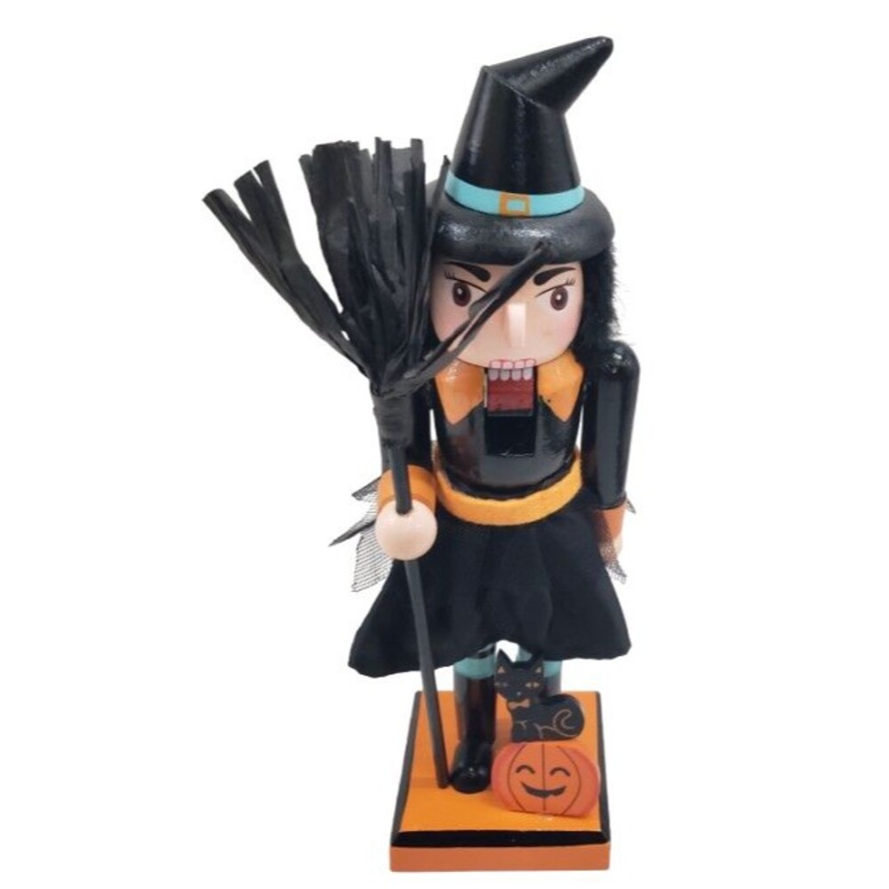 Wooden Nutcracker, 9.5", HALLOWEEN,BEIGE FACE WITCH W/BROOM & BLACK CAT, Ashland